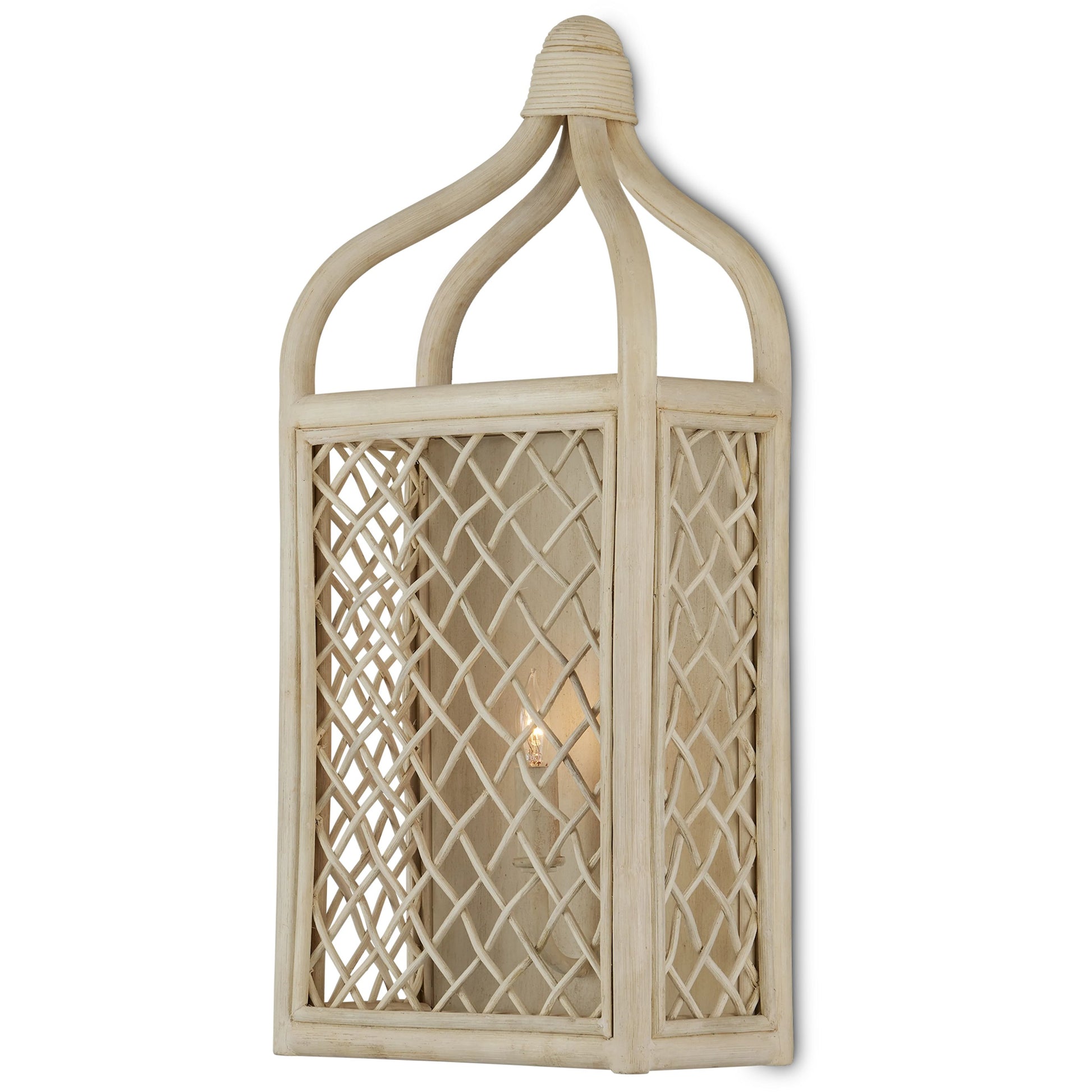 Wanstead Ivory Wall Sconce by Currey and Company in bleached natural, antique pearl. Made from rattan, wrought iron in a cottage & farmhouse style.