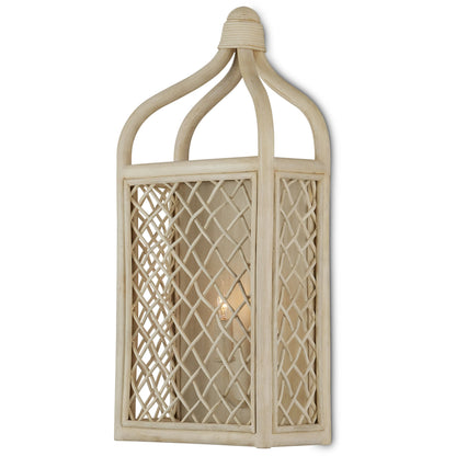 Wanstead Ivory Wall Sconce by Currey and Company in bleached natural, antique pearl. Made from rattan, wrought iron in a cottage & farmhouse style.