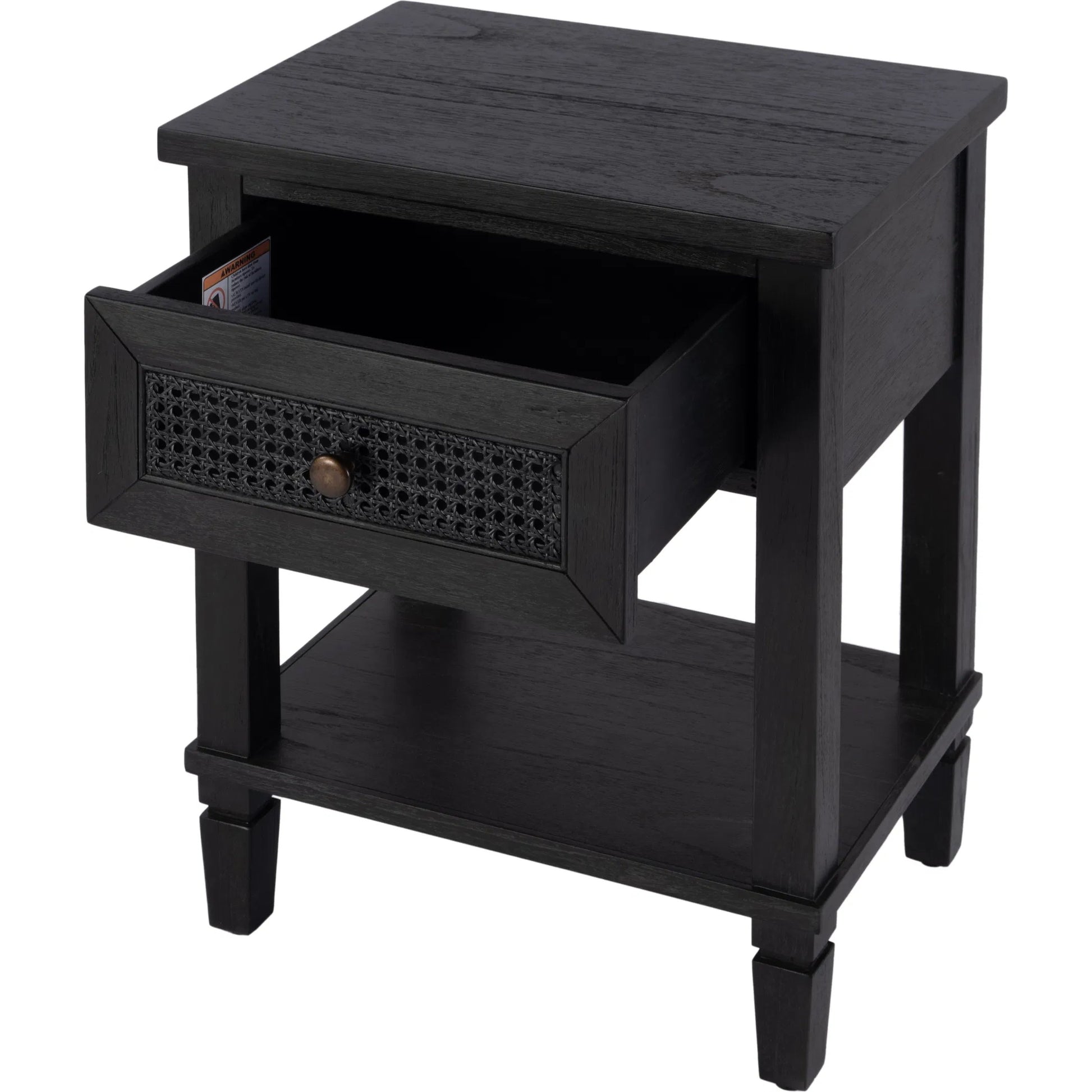 Flagstaff 1 Drawer Nightstand by Butler Specialty Company in black. Made from mindi wood: 70%, mdf: 25%, rattan weave cane: 5% in a unique style.