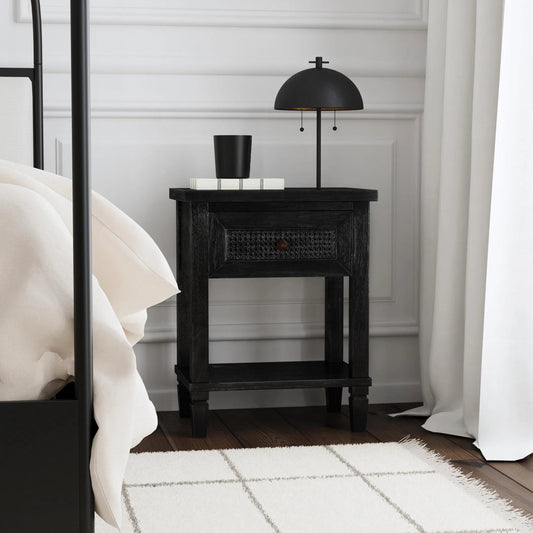 Flagstaff 1 Drawer Nightstand by Butler Specialty Company in black. Made from mindi wood: 70%, mdf: 25%, rattan weave cane: 5% in a unique style.