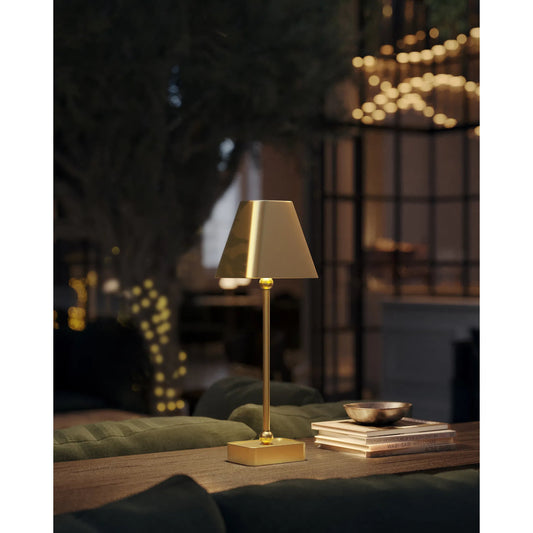 Gadabout Cordless Table Lamp by Currey and Company in polished brass. Made from metal in a unique style.