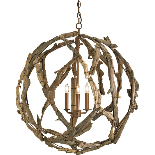 Driftwood Orb Chandelier by Currey and Company. Made from iron, driftwood in a coastal style.