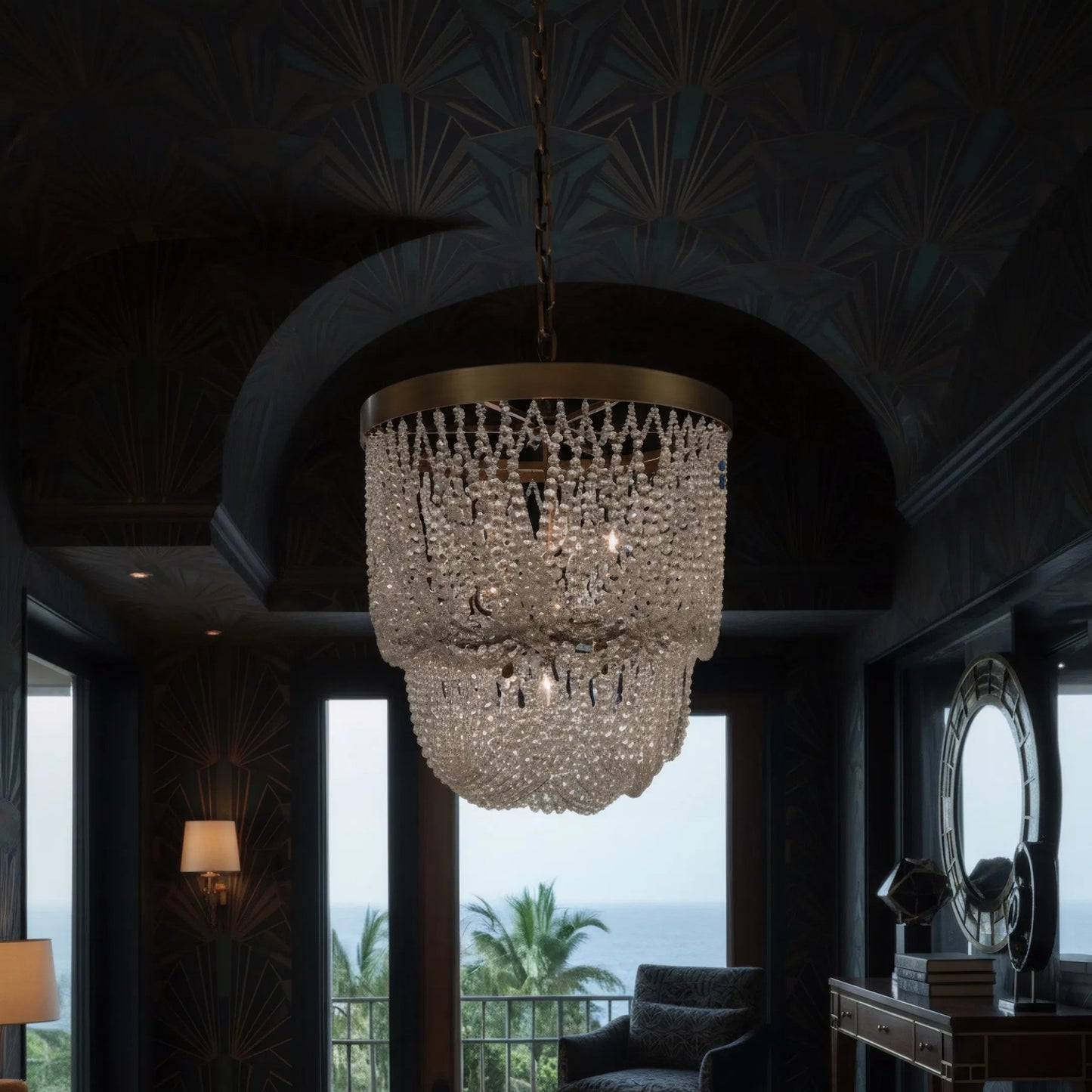 006 SI-2537025 | Lifestyle | Solaire 6-LT Pendant by Varaluz in bronze. Made from steel, crystal in a unique style.