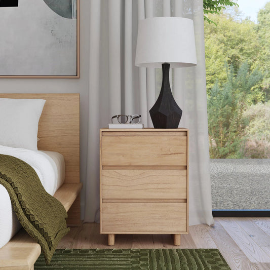 Halmstad 3 Drawer Narrow Nightstand by Butler Specialty Company in light brown. Made from mdf, mindi wood and mindi veneers in a unique style.