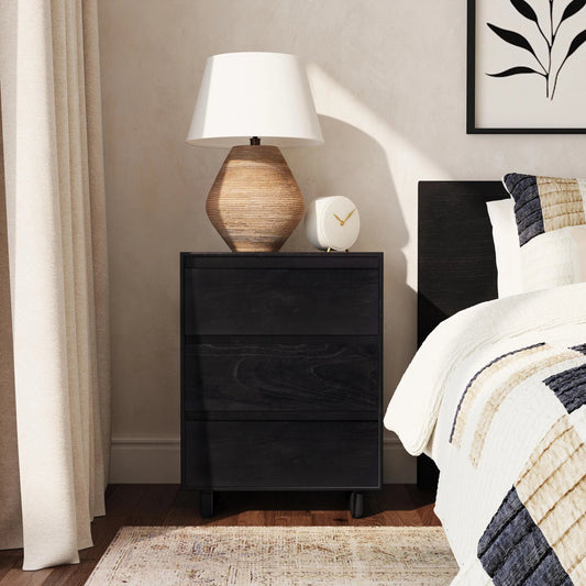 Halmstad Nightstand by Butler Specialty Company in black. Made from mdf, mindi wood and mindi veneers in a unique style.