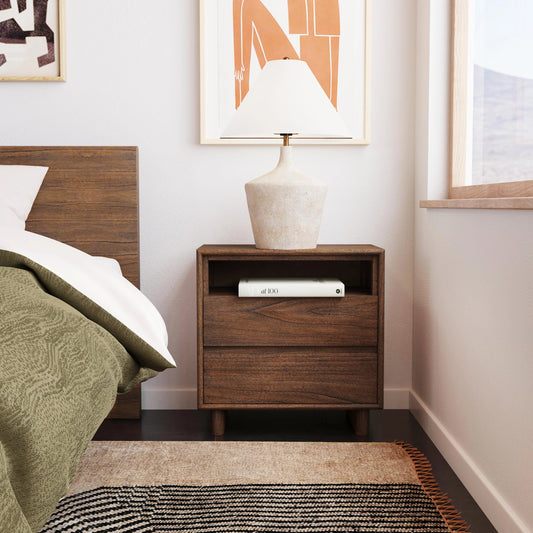 Halmstad Nightstand by Butler Specialty Company in walnut. Made from mindi wood, mdf, mindi veneer in a modern style.