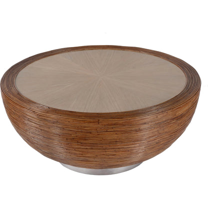 Harding Drum Coffee Table by Butler Specialty Company in brown. Made from gmelina solids, veneer arorog (skinned rattan), stainless steel in a traditional style.