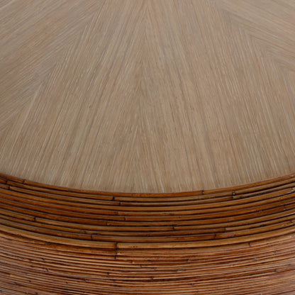 Harding Drum Coffee Table by Butler Specialty Company in brown. Made from gmelina solids, veneer arorog (skinned rattan), stainless steel in a traditional style.