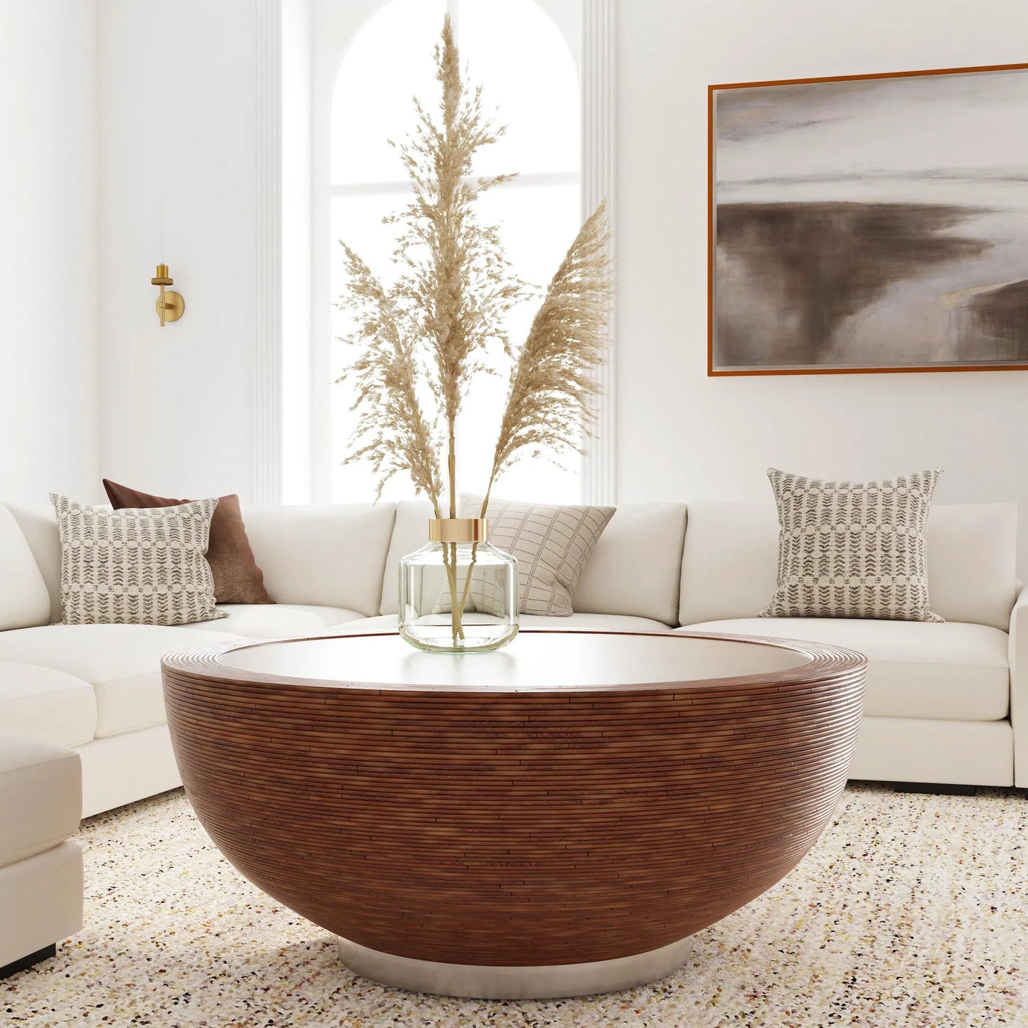 006 SI-2324904 | Lifestyle | Harding Drum Coffee Table by Butler Specialty Company in brown. Made from gmelina solids, veneer arorog (skinned rattan), stainless steel in a traditional style.
