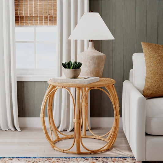 Savannah Round Woven Rattan End Table by Butler Specialty Company in natural. Made from rattan in a unique style.