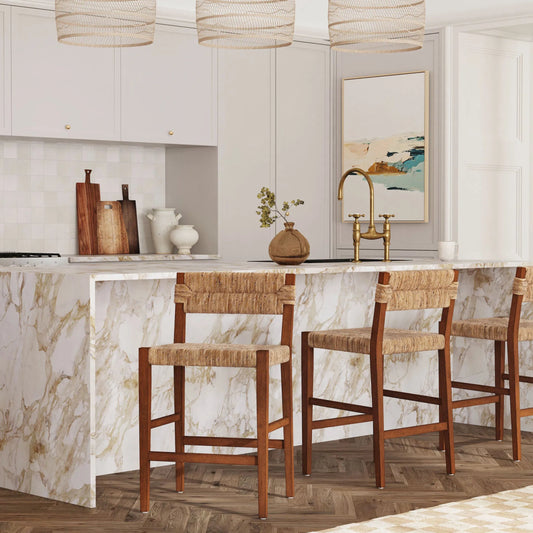 Valencia Woven Counter Stool by Butler Specialty Company in dark brown. Made from mahogany, banana leaf, plywood in a unique style.