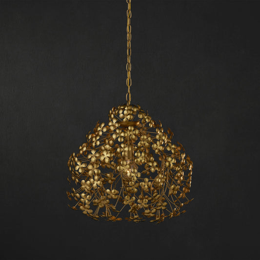 Cloverfield Pendant by Currey and Company in contemporary gold leaf. Made from wrought iron in a modern style.