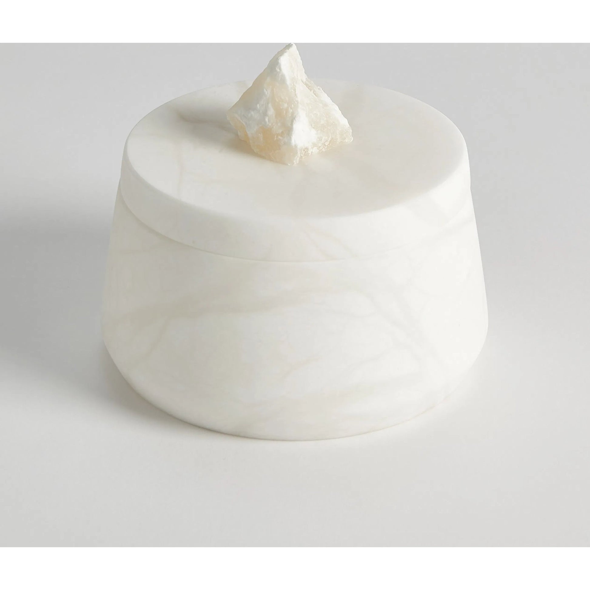 Alabaster Tapered Round Box with Rock Finial by Global Views in white. Made from alabaster in a modern style.