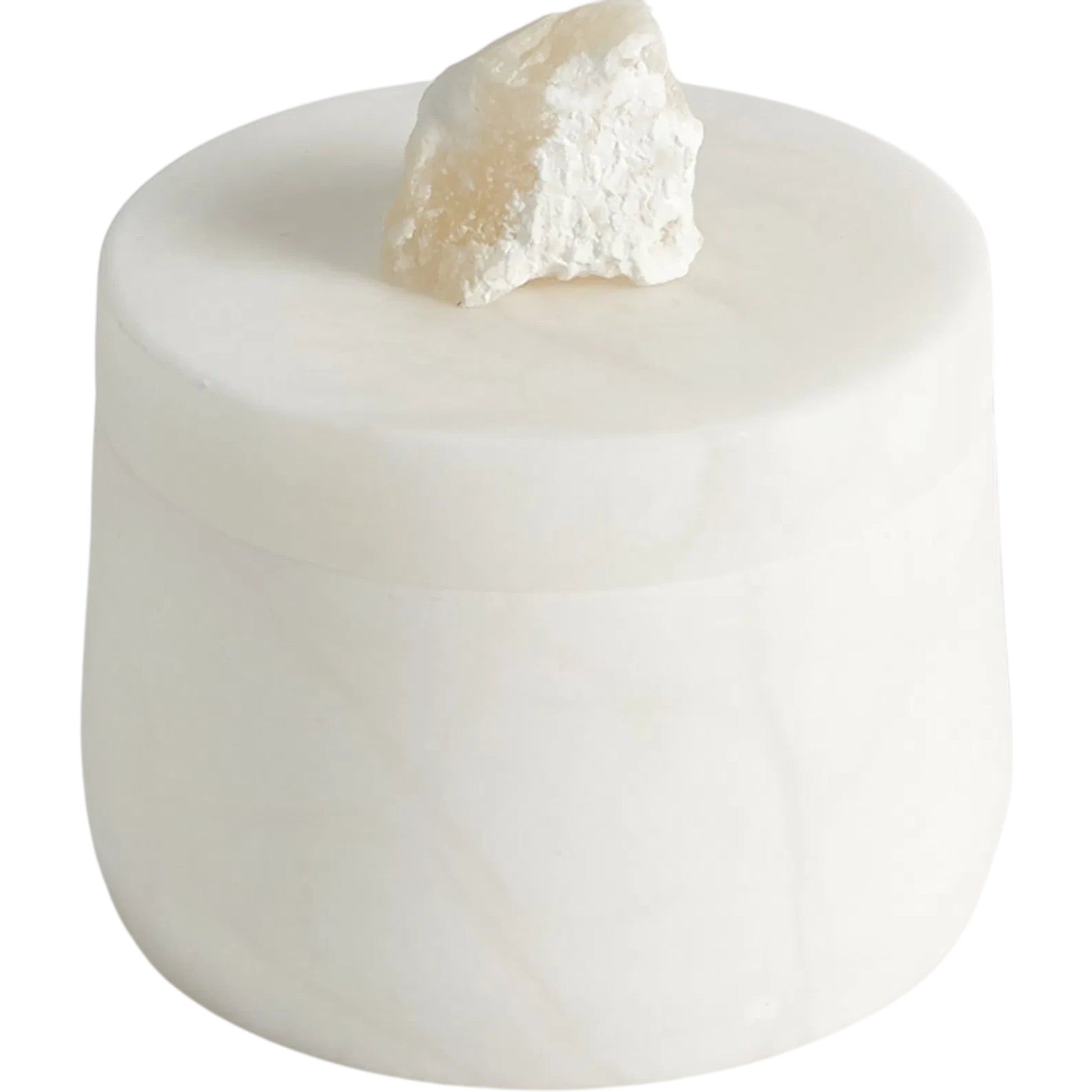 Alabaster Tapered Round Box with Rock Finial by Global Views in white. Made from alabaster in a modern style.
