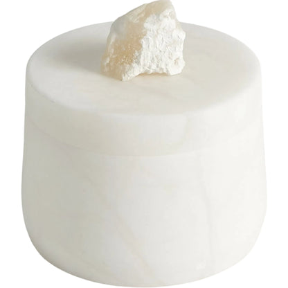 Alabaster Tapered Round Box with Rock Finial by Global Views in white. Made from alabaster in a modern style.