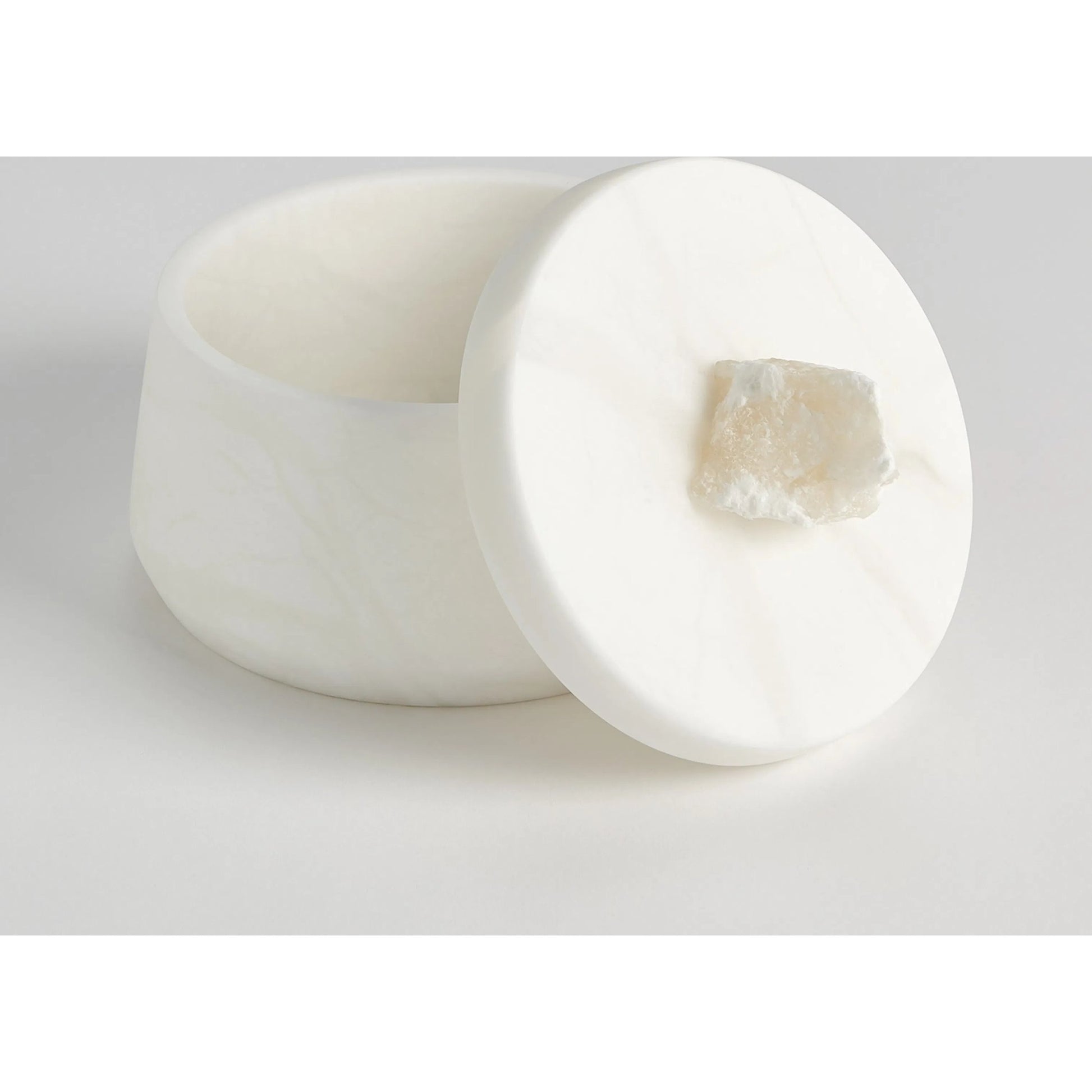 Alabaster Tapered Round Box with Rock Finial by Global Views in white. Made from alabaster in a modern style.