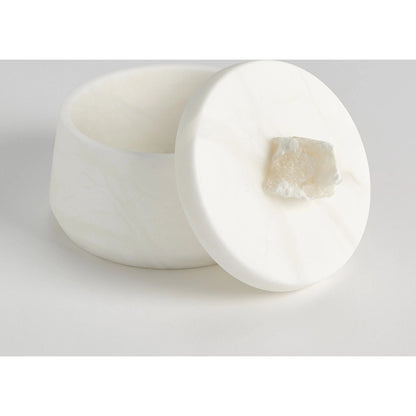 Alabaster Tapered Round Box with Rock Finial by Global Views in white. Made from alabaster in a modern style.