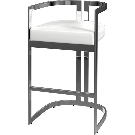 Clarence Barstool by Butler Specialty Company in white. Made from stainless steel, plyboard, foam, faux leather in a unique style.