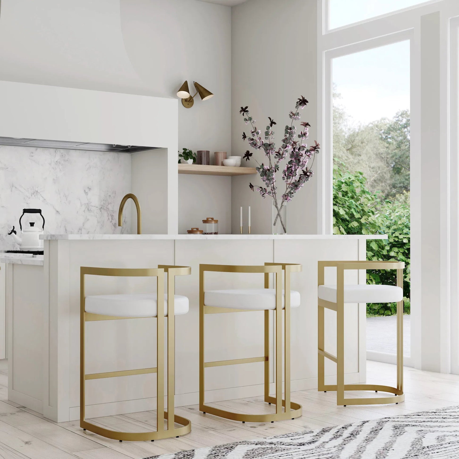 Clarence Bar Height Stool by Butler Specialty Company. Made from stainless steel, plyboard, foam, faux leather in a modern style.