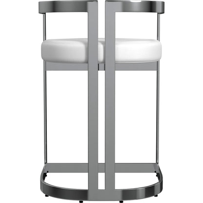 Clarence Dining Stool by Butler Specialty Company. Made from stainless steel, plyboard, foam, faux leather in a modern style.