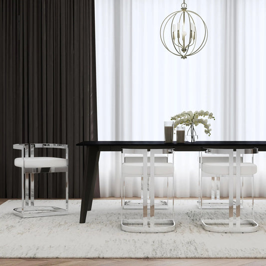 Clarence Dining Stool by Butler Specialty Company in white. Made from stainless steel, plyboard, foam, faux leather in a unique style.