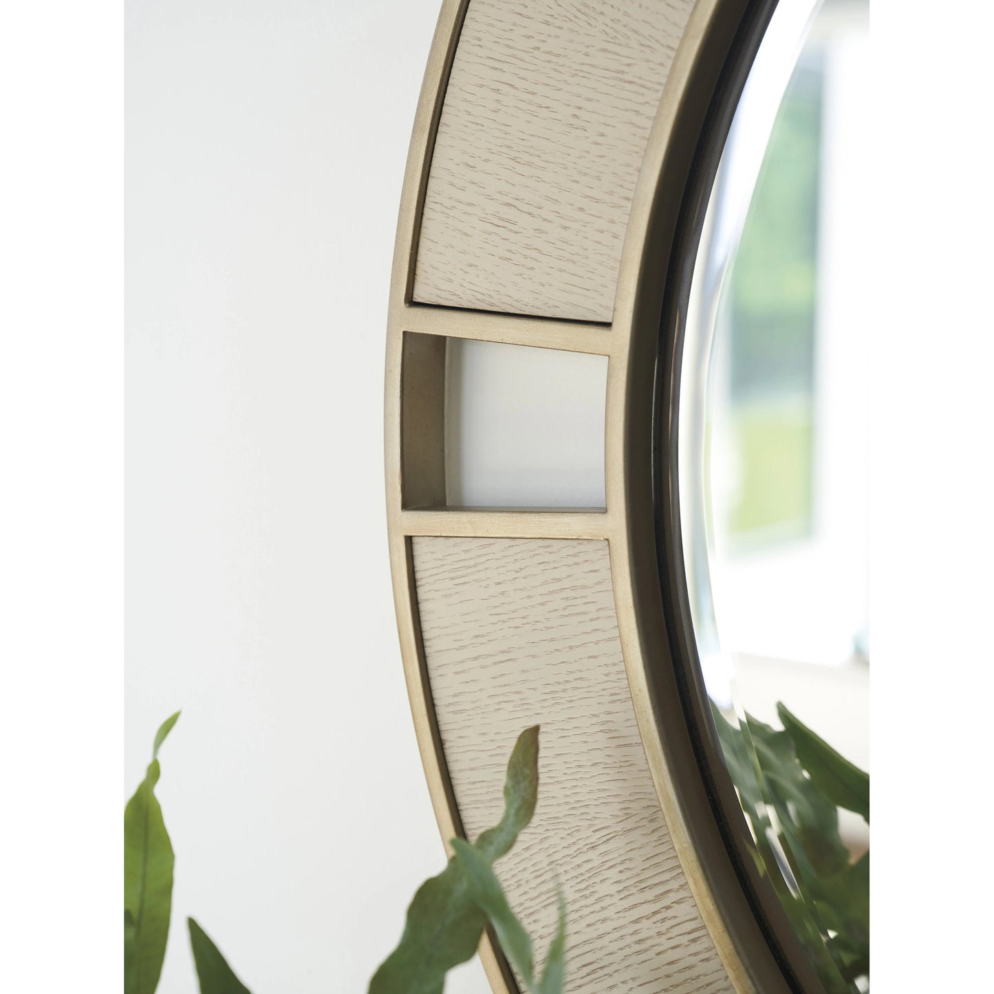 002 SI-2136876 | Closeup | Nina Round Mirror by Tommy Bahama Home in sand drift. Made from unique in a cottage & farmhouse style.