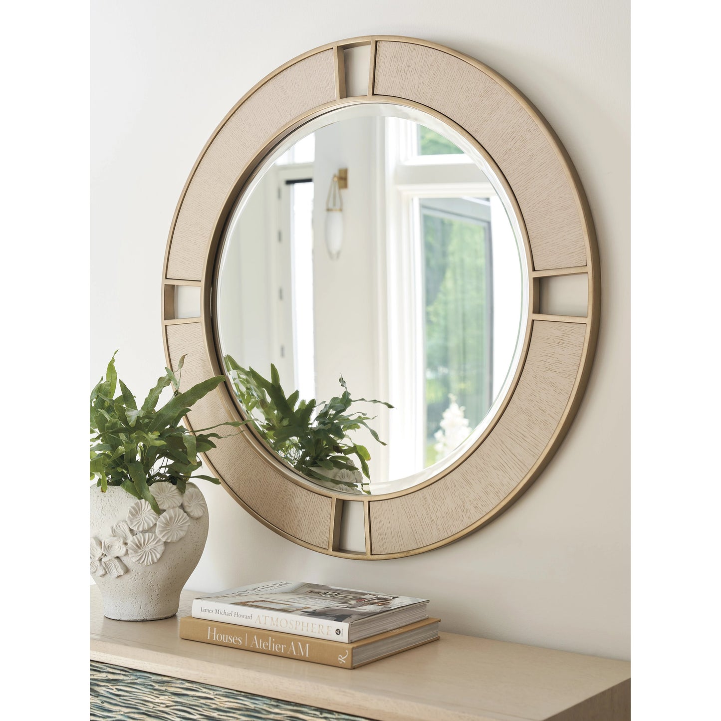 003 SI-2136876 | Lifestyle | Nina Round Mirror by Tommy Bahama Home in sand drift. Made from unique in a cottage & farmhouse style.