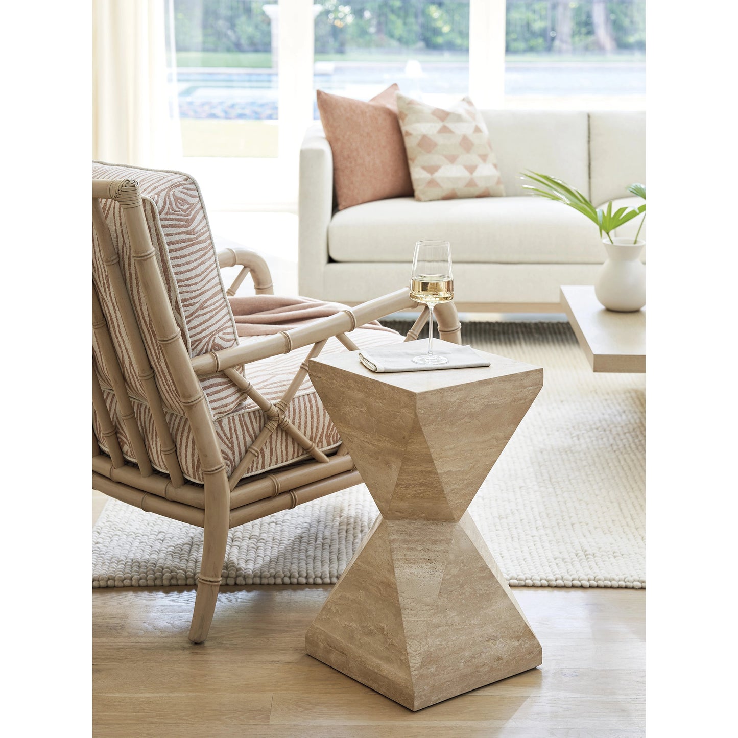 004 SI-2136907 | Lifestyle | Shea Faceted Accent Table by Tommy Bahama Home in sand drift. Made from unique in a modern style.