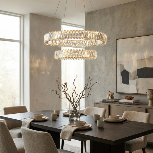 Golden Ratio Two Tier LED Crystal Pendant by Varaluz in gold. Made from aluminum, crystal in a unique style.