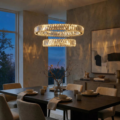 Golden Ratio Two Tier LED Crystal Pendant by Varaluz in gold. Made from aluminum, crystal in a unique style.