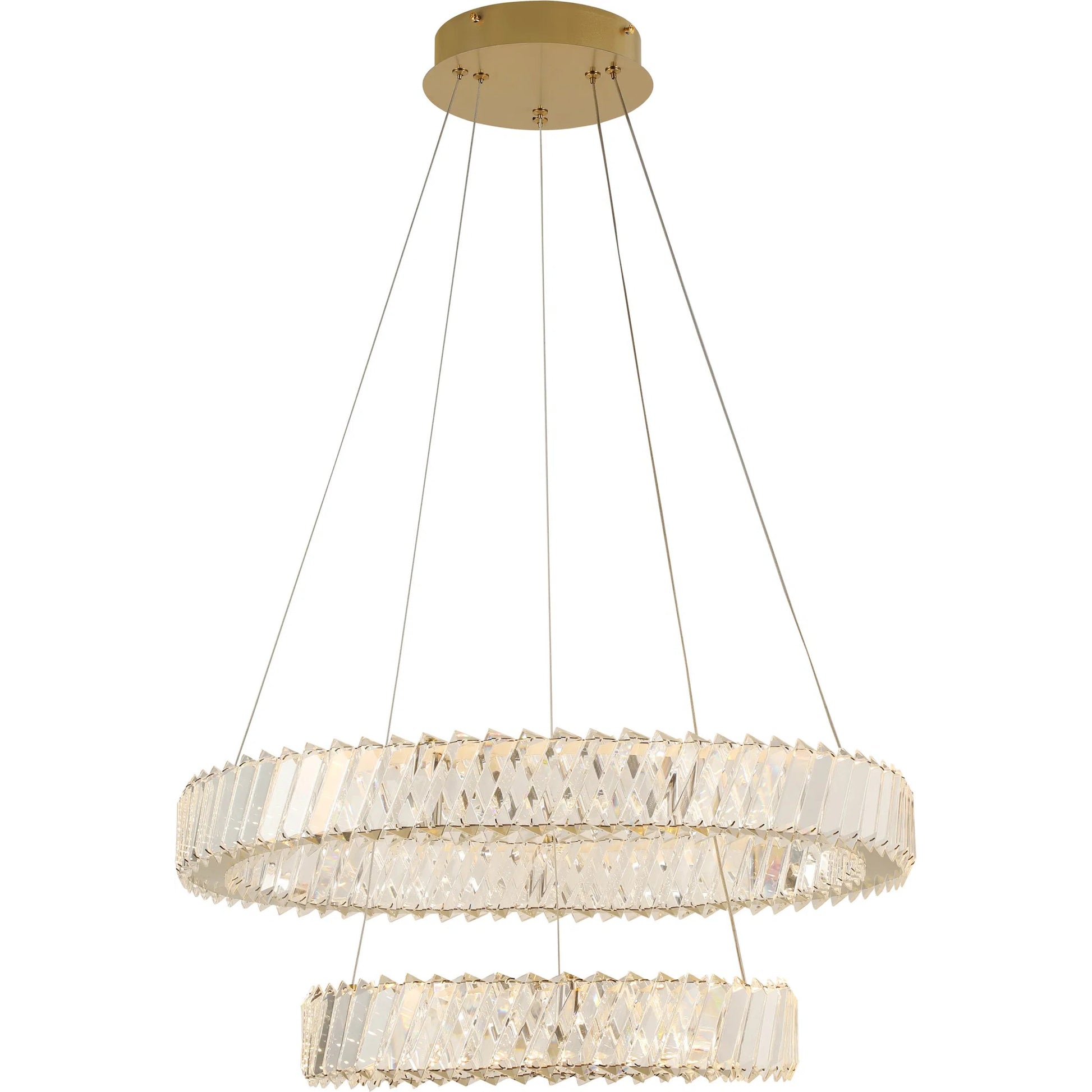 Golden Ratio Two Tier LED Crystal Pendant by Varaluz in gold. Made from aluminum, crystal in a unique style.