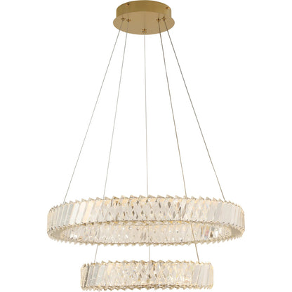 Golden Ratio Two Tier LED Crystal Pendant by Varaluz in gold. Made from aluminum, crystal in a unique style.