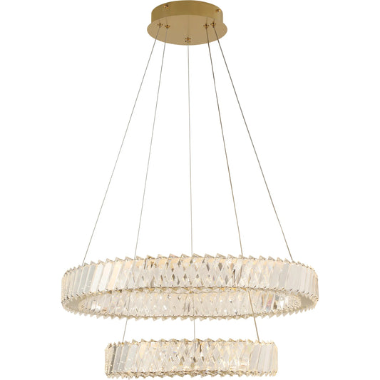 Golden Ratio Two Tier LED Crystal Pendant by Varaluz in gold. Made from aluminum, crystal in a unique style.