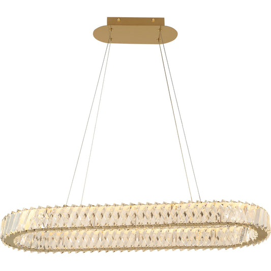Golden Ratio Oval LED Crustal Pendant by Varaluz in gold. Made from aluminum, crystal in a unique style.