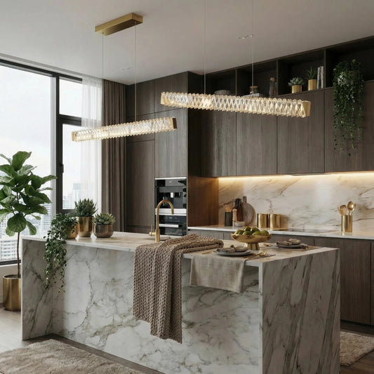Golden Ratio LED Crystal Linear Pendant by Varaluz in gold. Made from aluminum, crystal in a unique style.