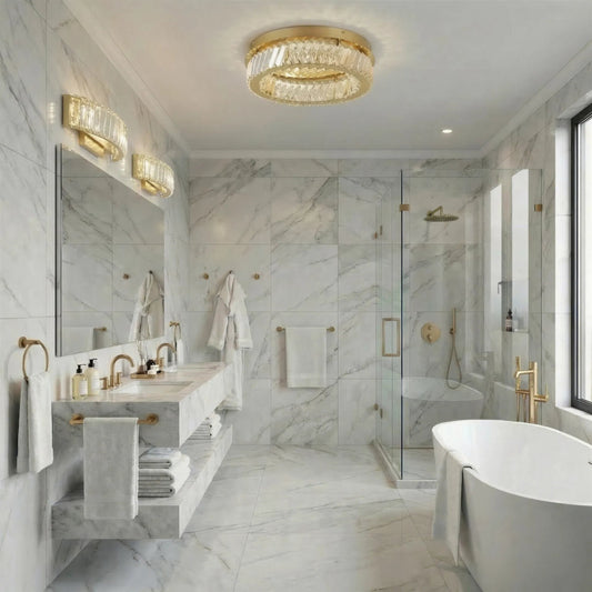 Golden Ratio LED Crystal Flush Mount by Varaluz in gold. Made from aluminum, crystal in a unique style.