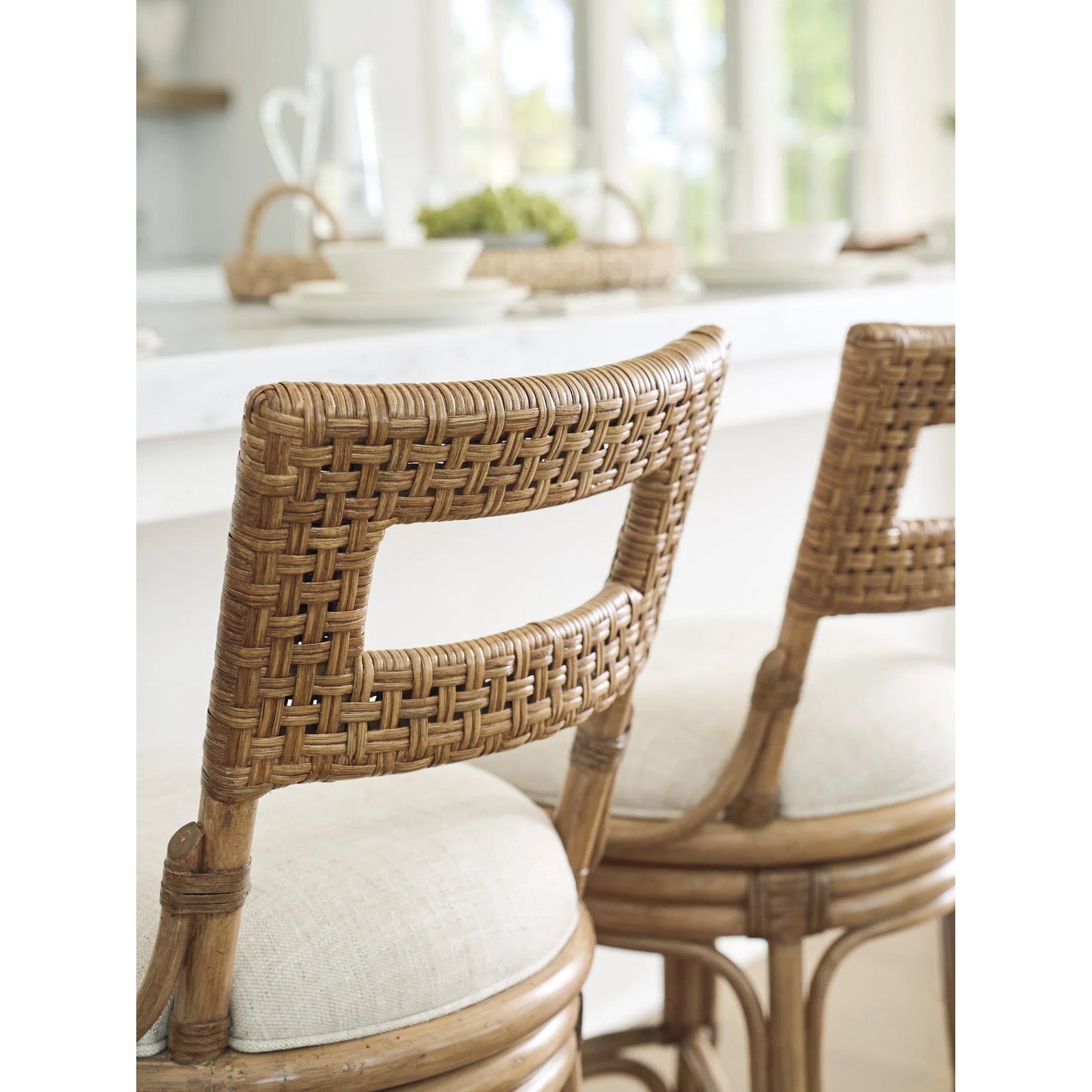 003 SI-2243963 | Closeup | Bay Harbour Swivel Counter Stool by Tommy Bahama Home in sunwashed. Made from unique in a rustic style.