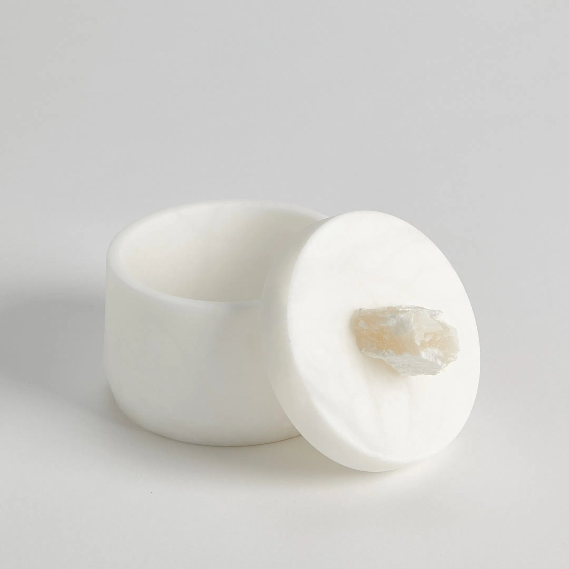 Alabaster Tapered Round Box with Rock Finial by Global Views in white. Made from alabaster in a modern style.