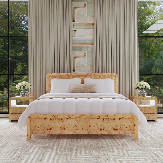 Cora King Burl Panel Bed by Butler Specialty Company in brown. Made from mappa burl veneer, mdf, mindi wood, mix wood in a unique style.