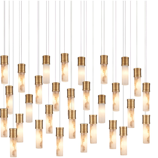 Cannula 30-Light Linear Multi-Drop Pendant by Currey and Company in vintage brass, white, silver. Made from brass, alabaster in a modern style.