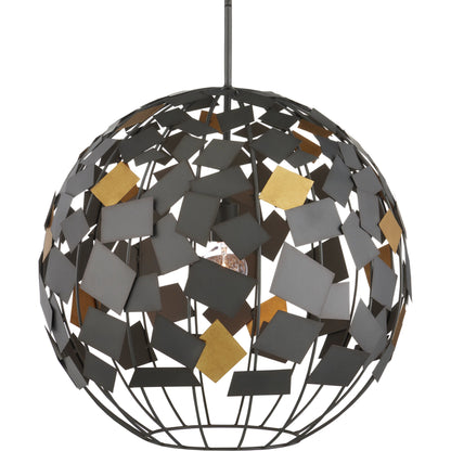 Moon Night Orb Chandelier by Currey and Company in hiroshi gray, contemporary gold leaf. Made from wrought iron in a modern style.