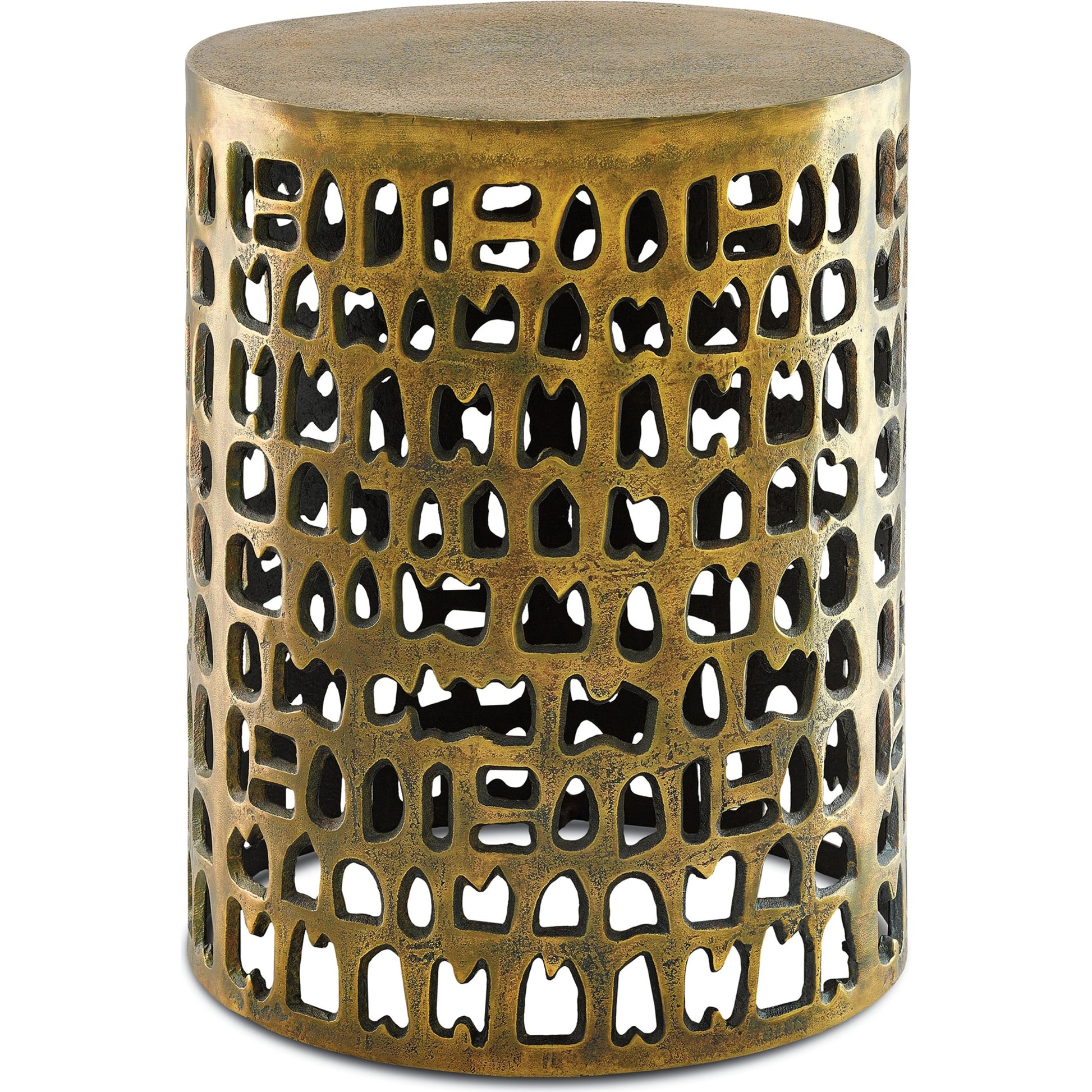 Alvar Accent Table by Currey and Company in antique gold. Made from cast aluminum in a eclectic & global style.