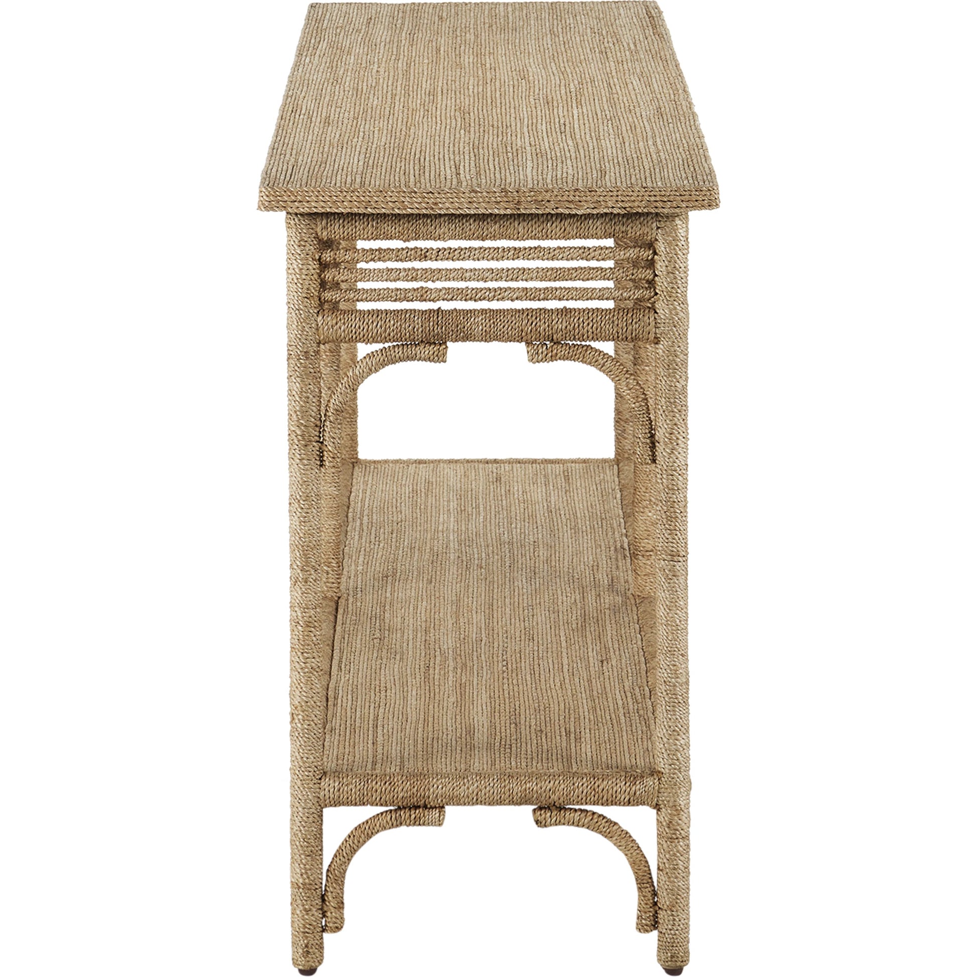 Olisa Rope Console Table by Currey and Company in natural, brown carafe. Made from abaca rope, wood, iron in a modern style.