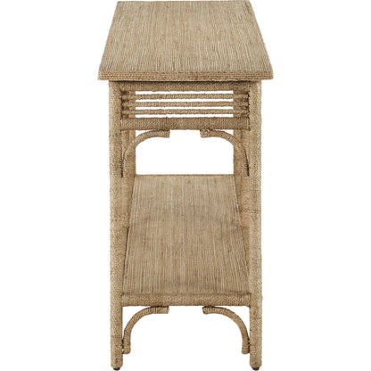 Olisa Rope Console Table by Currey and Company in natural, brown carafe. Made from abaca rope, wood, iron in a modern style.