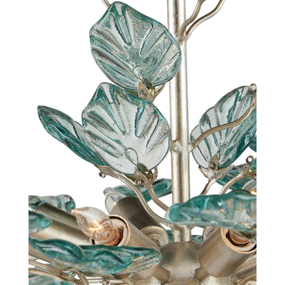 Baobab Chandelier by Currey and Company in clear, contemporary silver leaf. Made from recycled glass, wrought iron in a modern style.