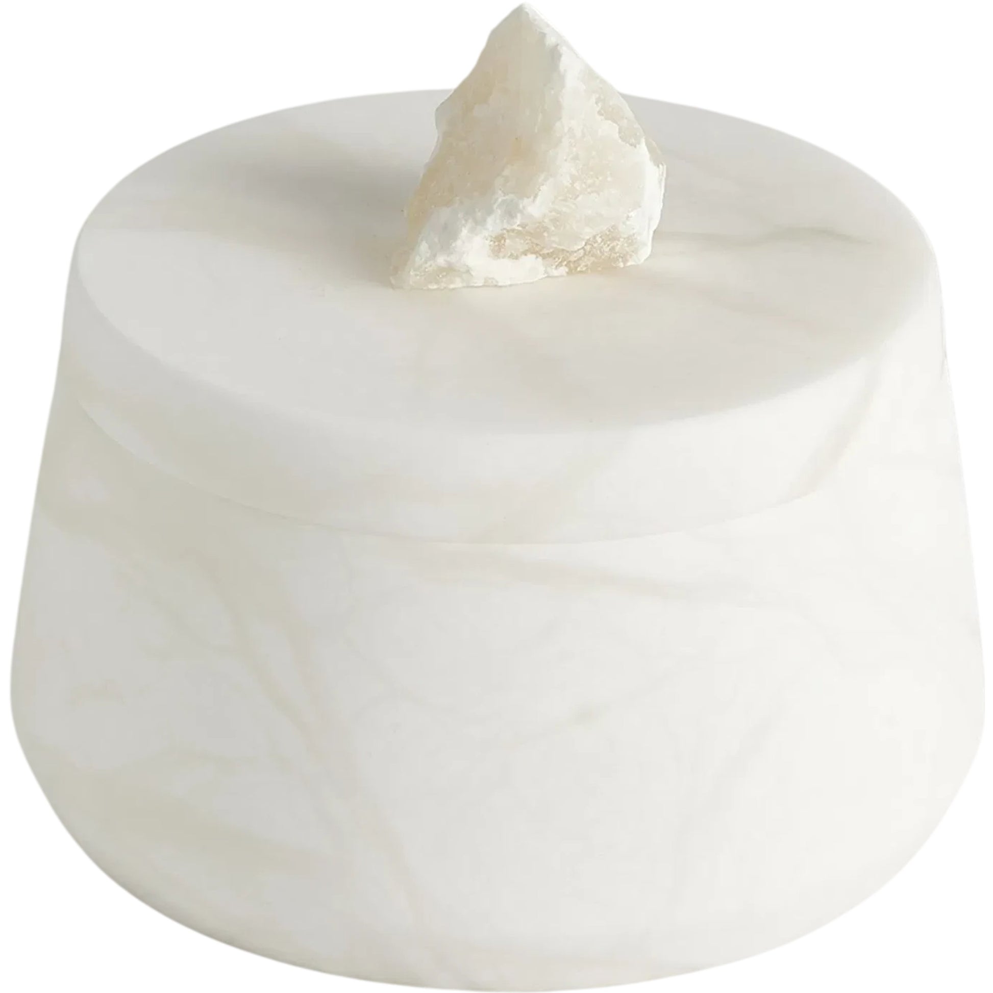 Alabaster Tapered Round Box with Rock Finial by Global Views in white. Made from alabaster in a modern style.