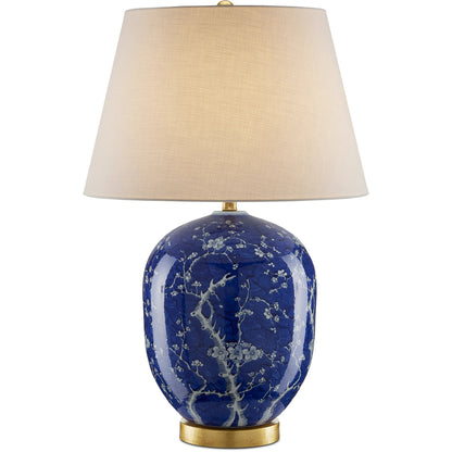 Sakura Table Lamp by Currey and Company in blue, white, gold leaf. Made from porcelain, steel in a transitional style.