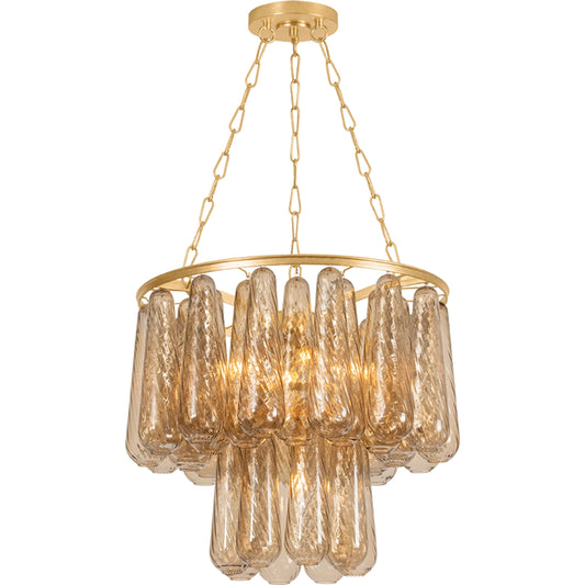 Milos Chandelier by Corbett in vintage gold leaf. Made from glass in a unique style.