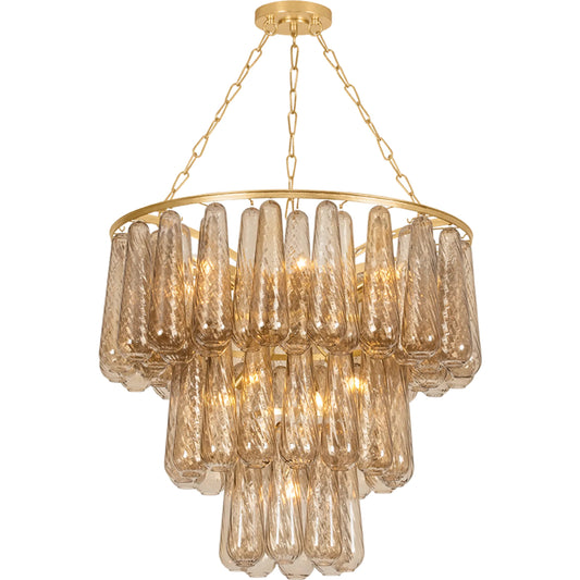 Milos Chandelier by Corbett in vintage gold leaf. Made from glass in a unique style.