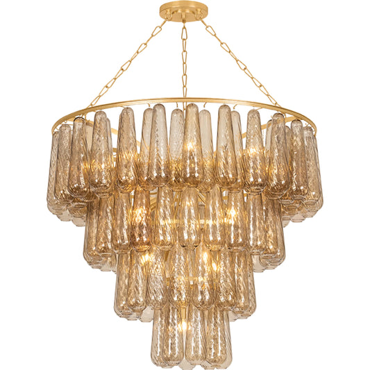 Milos Chandelier by Corbett in vintage gold leaf. Made from glass in a unique style.